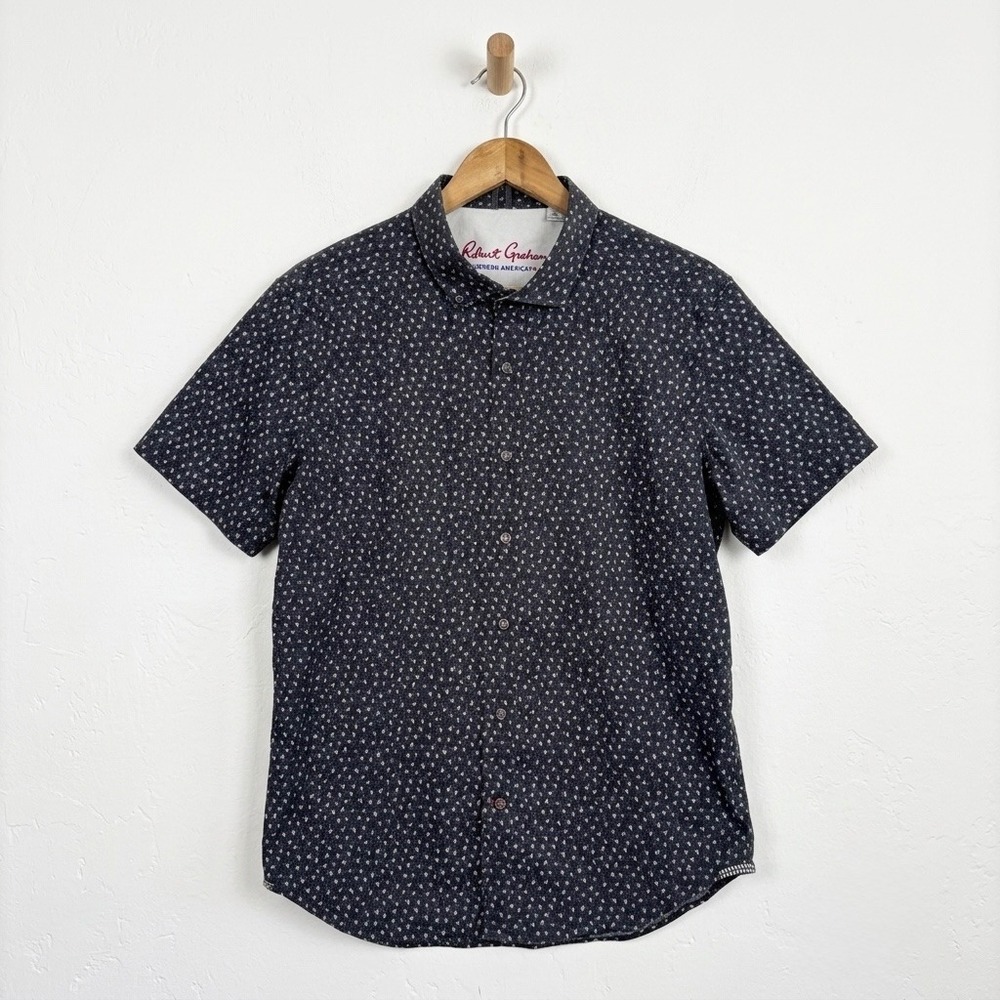 Robert Graham Mens Large Tailored Fit Short Sleeve Button Down Shirt Navy Floral